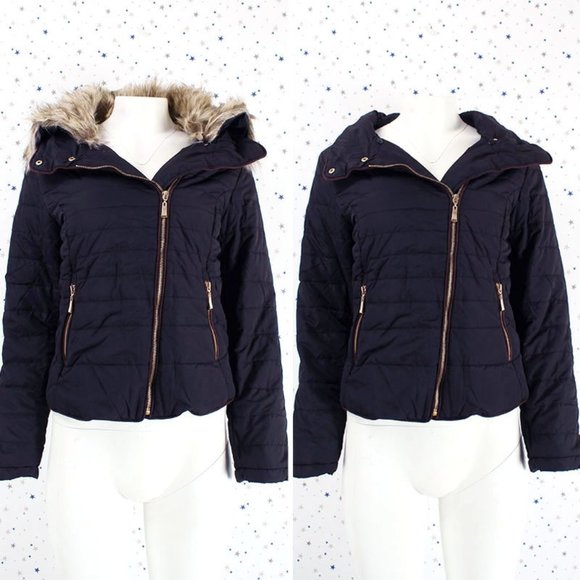 Removable Faux Fur Collar Puffer Jacket Dark Navy - Picture 1 of 8